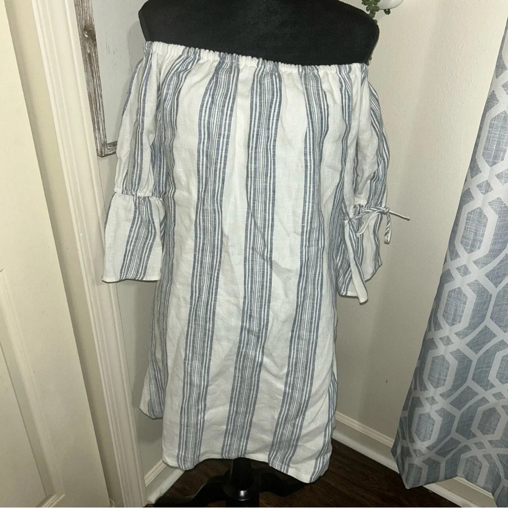 Altar’d State Linen Dress Womens Blue White Striped Off Shoulder